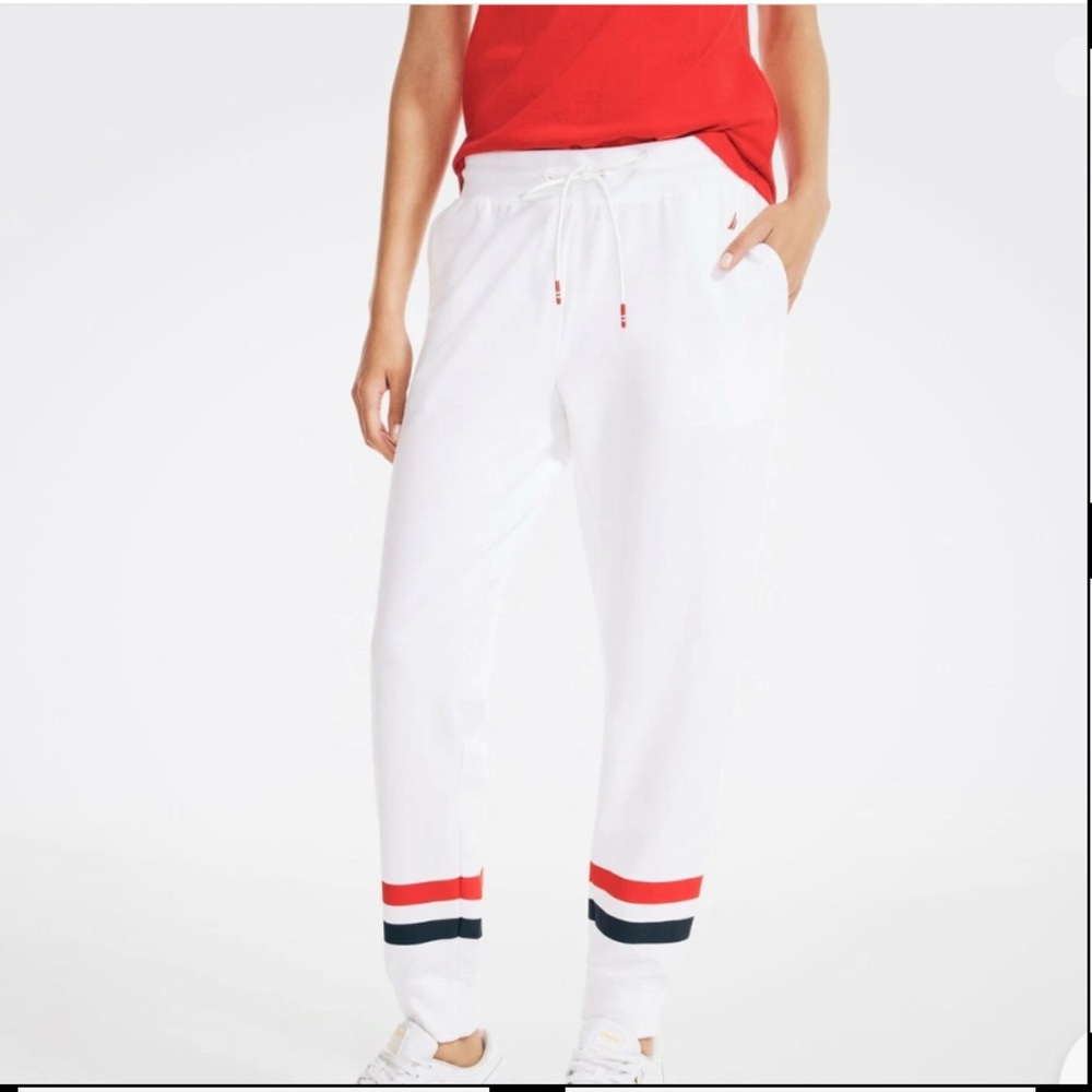 Nautica White and Red Jogger Pants with Sporty Stripes